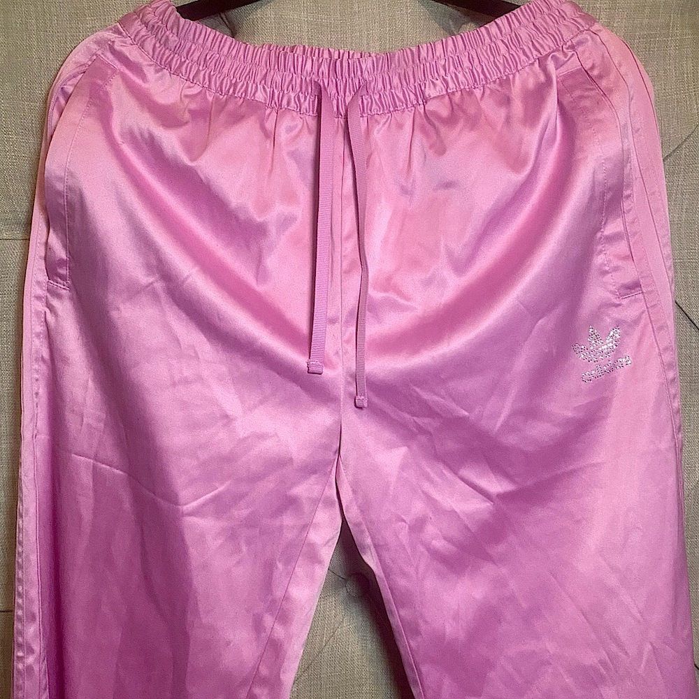 Thick Pink Silk Adidas Wide Leg Track Pants with Rhinestone Logo